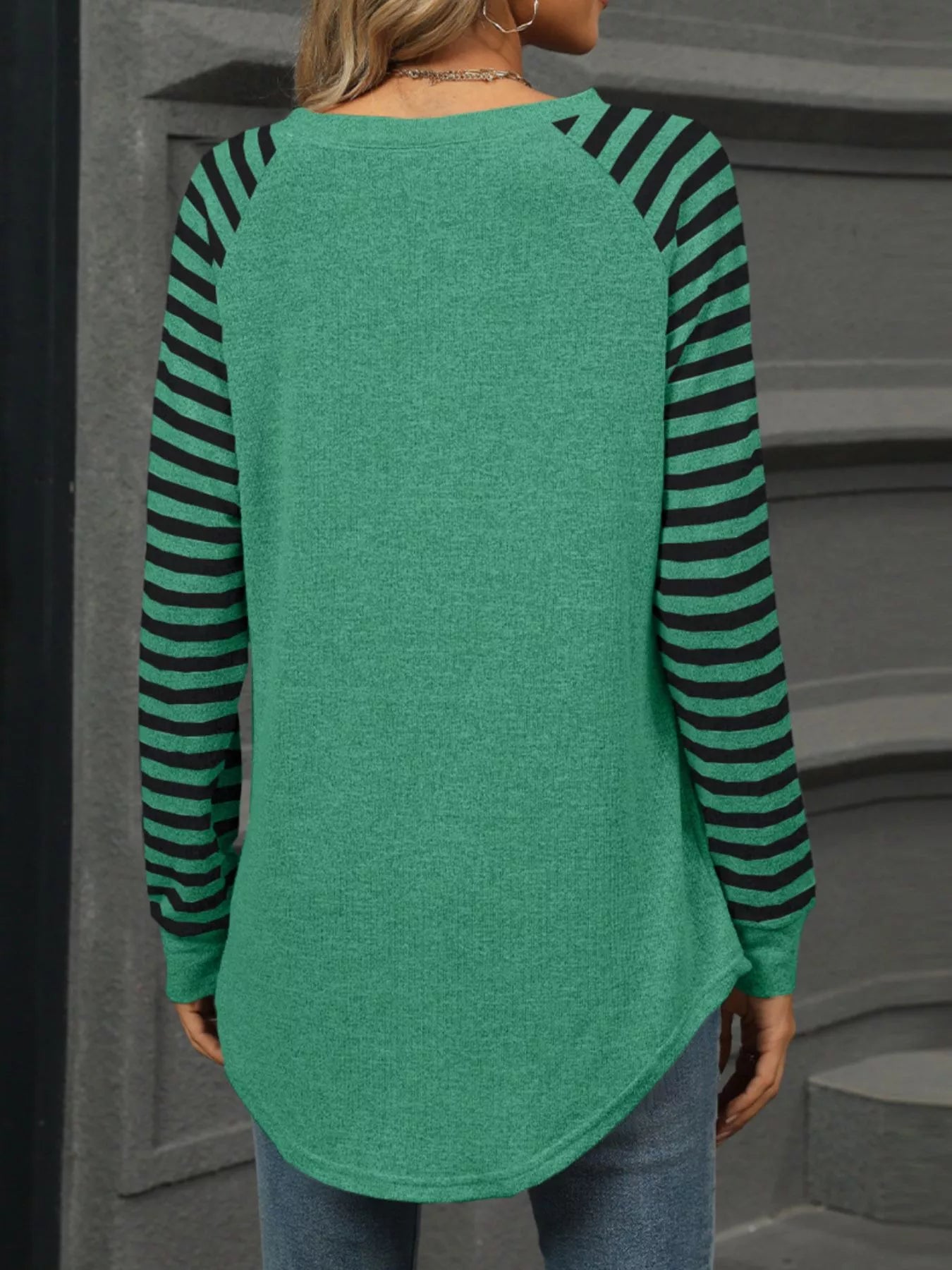 Striped Round Neck Raglan Sleeve T Shirt