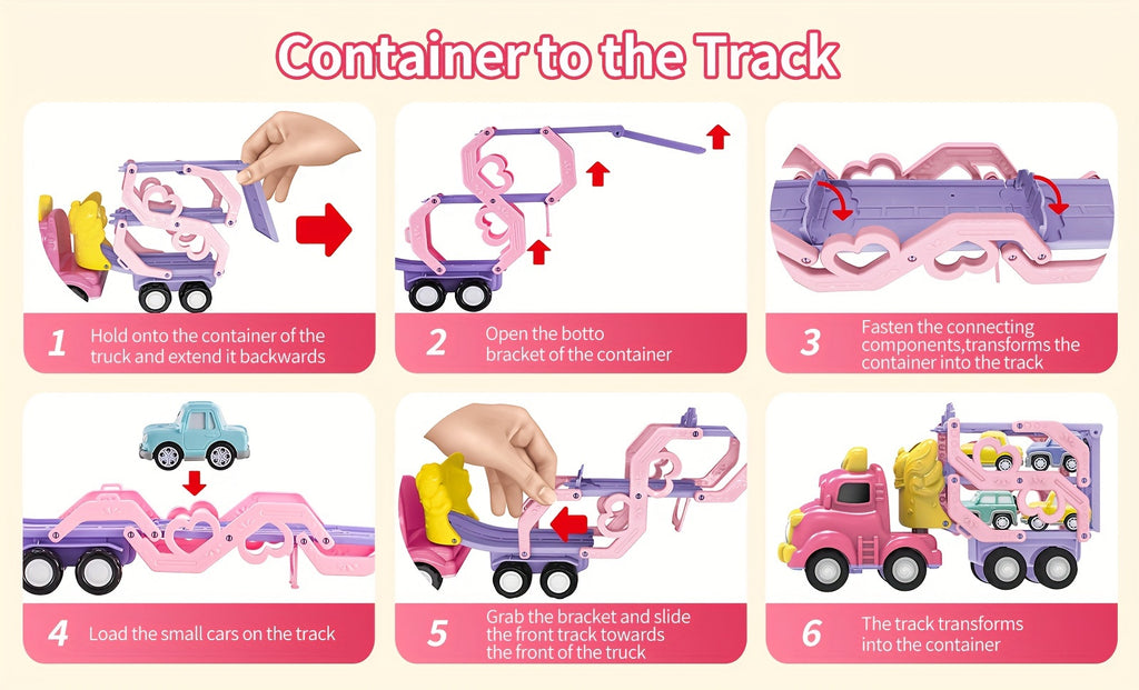 Toddler Car Toys 7-in-1 Pink Princess Foldable Transport Carrier Trucks For Baby | Lights & Music | 3 Layer Transformable Carriage Set | (Bowknot)