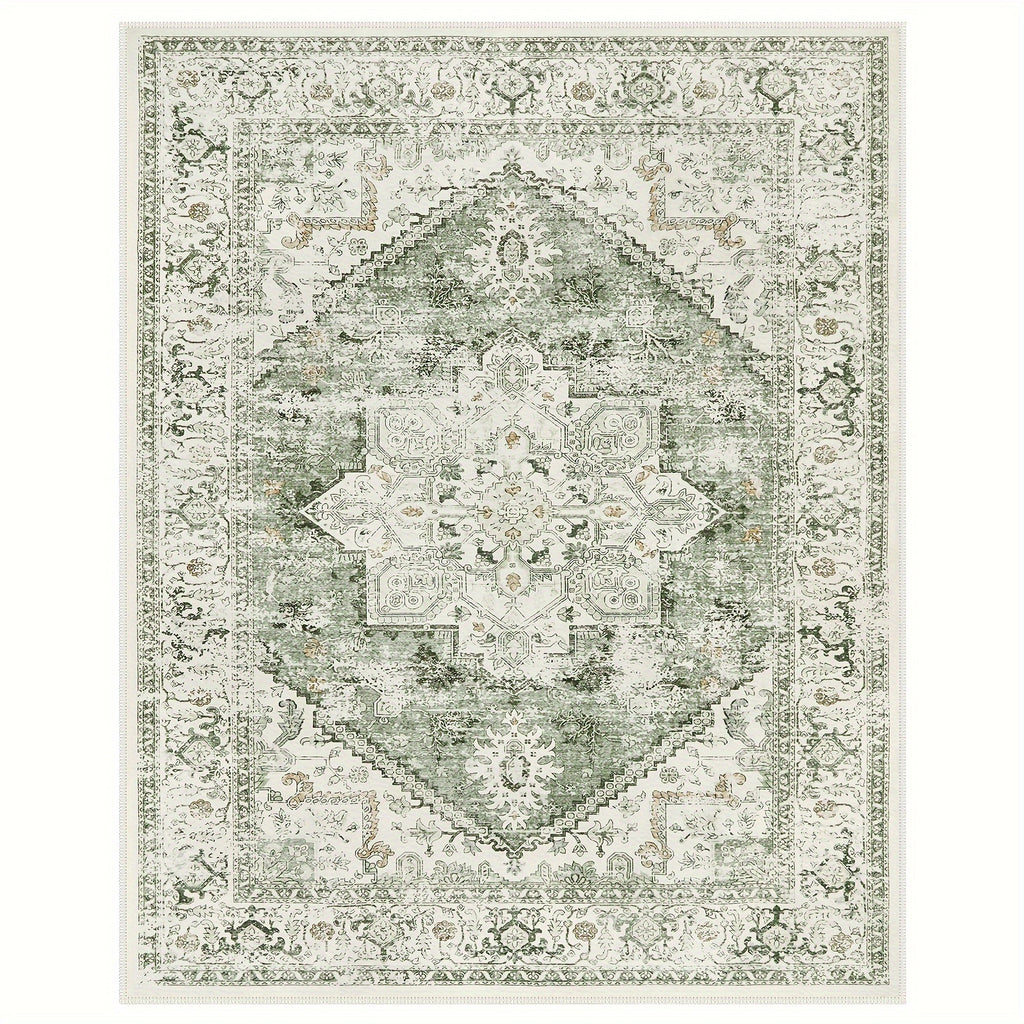 Vintage Distressed Accent Rug - Area Rugs with Non-Slip Low-Pile Retro Carpet Print, Washable and Durable for Bedroom, Living Room, Office, and More - Unique Tribal Pattern, Easy to Clean, and Fade-Resistant