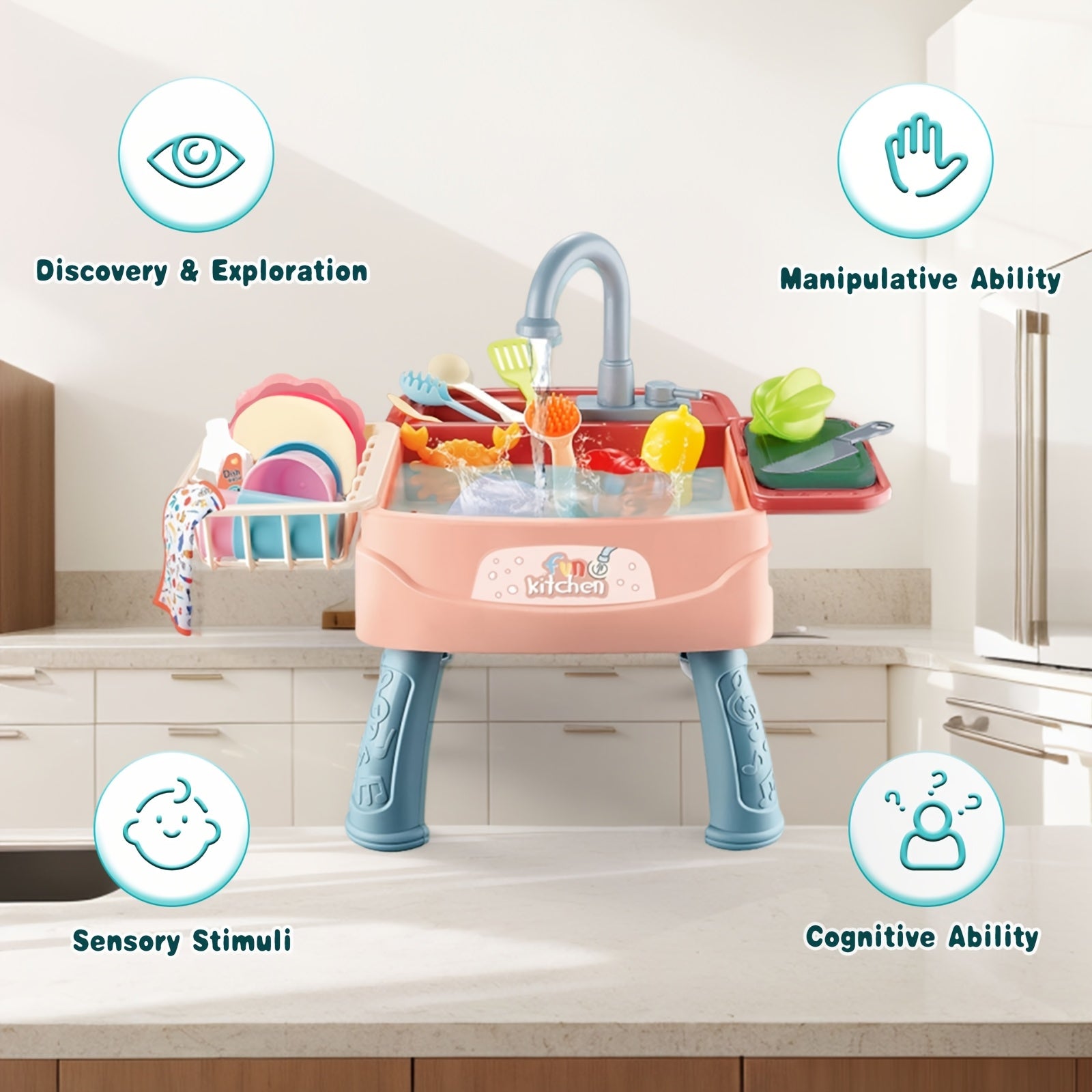 Play Kitchen Sink Toys, Blue Electric Dishwasher Playing Toy with Running Water, Play Food & Tableware Accessories, Kitchen Set Toys, Role Play Sink Set for Toddlers Kids Boys Girls