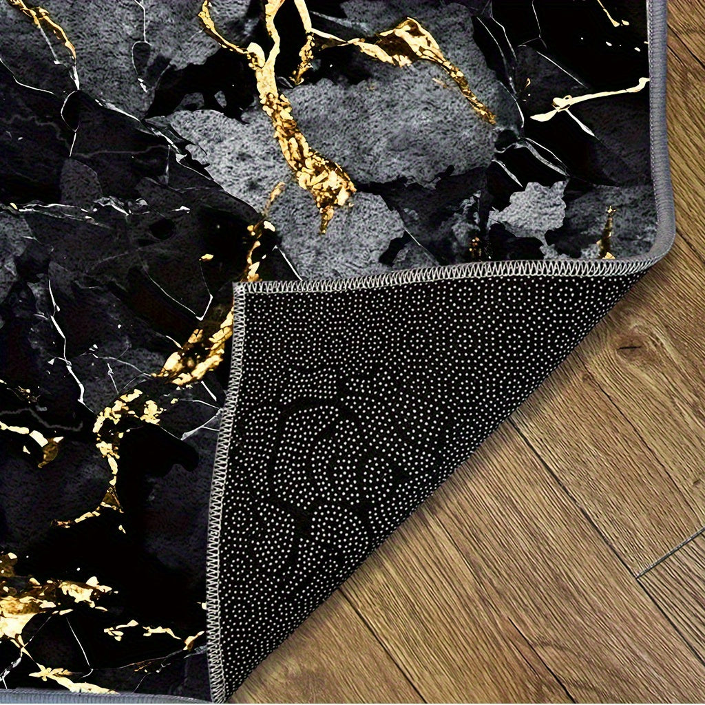Velvet Area Mat with Luxurious Black and Golden Marble Pattern – Soft, Thick, Non-Slip, Machine Washable for Living Room or Bedroom Decor, Lightweight Polyester Fiber, Rectangular Shape, Perfect for Holidays like Christmas