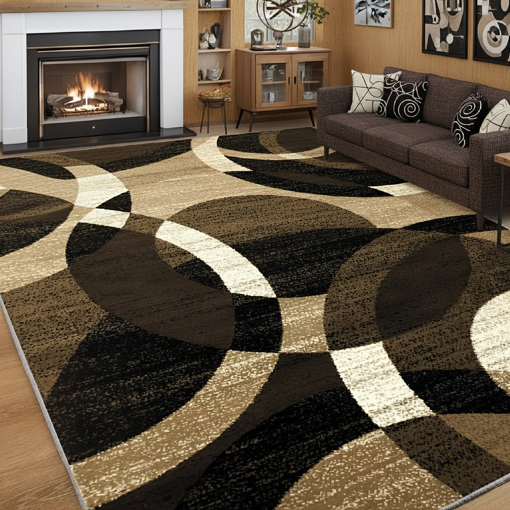 1pc Extra Large Luxury Mat - Black, Golden, Beige Modern Geometric Pattern Large Area Mat - Plush Soft Polyester Fiber Mat for Living Room, Bedroom, Kitchen - Machine Washable & Non-Slip Backing - Elegant Home Decor in Black,