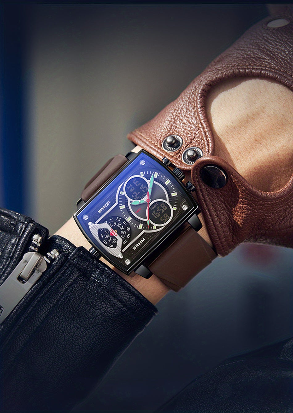 Large Dial Multi Time Zone Men's Watch, Square Dual Display Multifunctional Sports Watch with Dual Time Zone, Date, Alarm, and Stopwatch Functions
