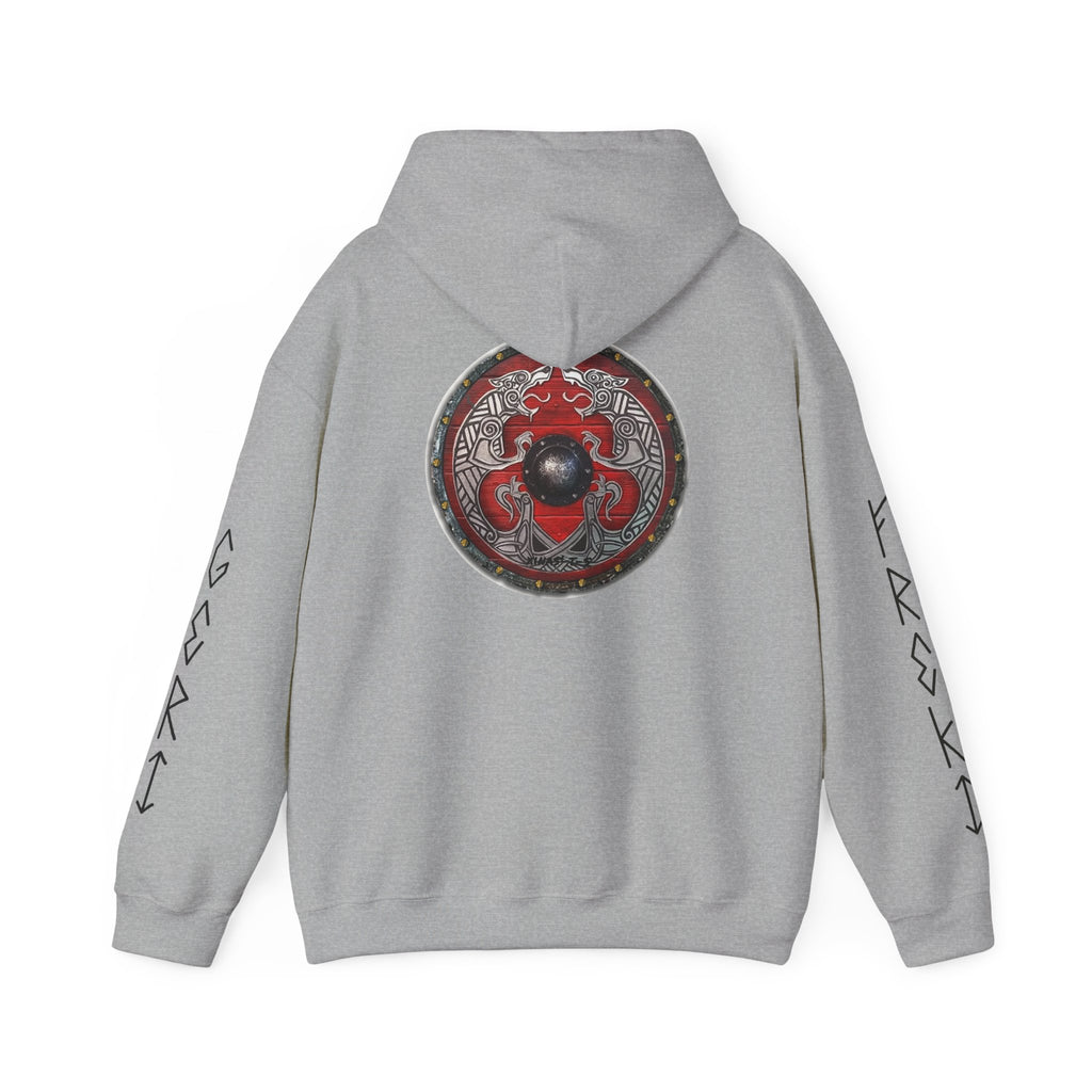Viking Shield Hoodie — "Let’s Go Avikingri" Norse Rune Sleeve Pullover