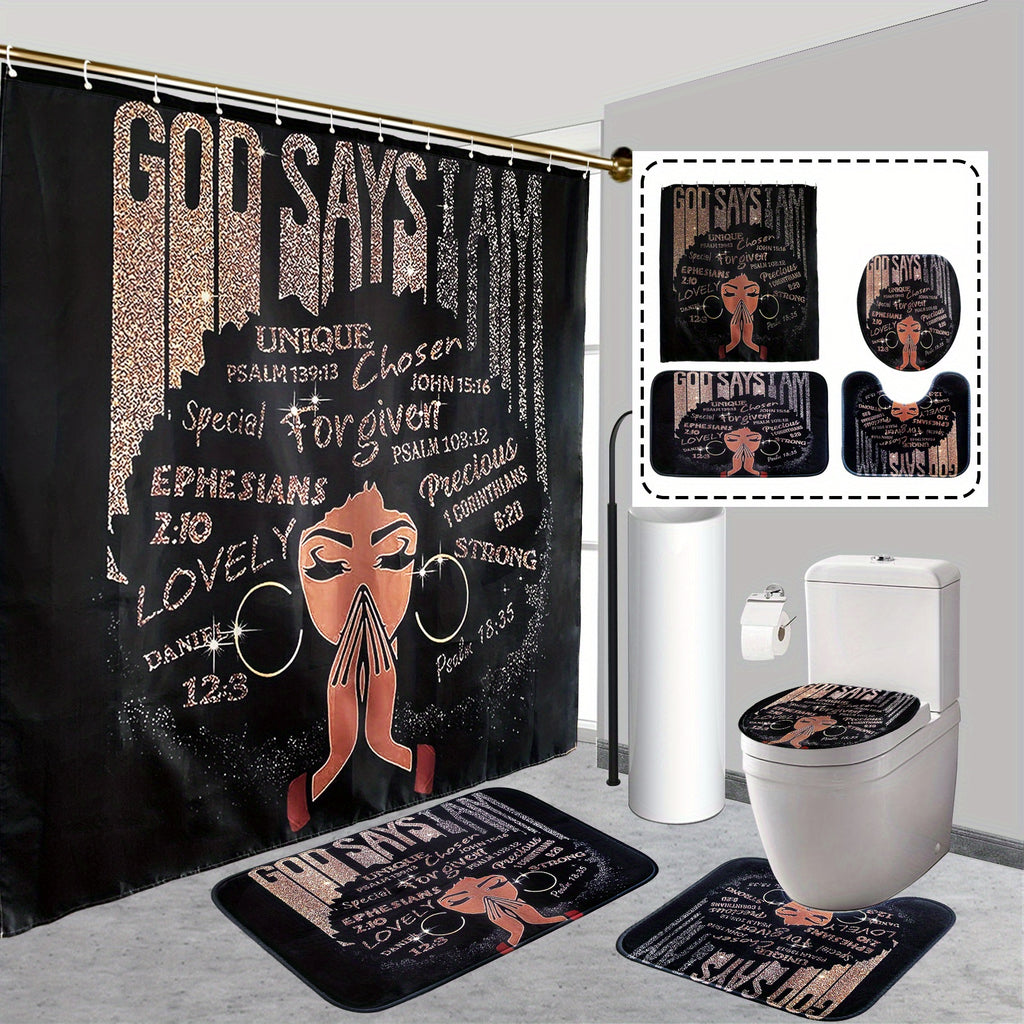 4pcs Sets Rugs Shower Curtain, Black Girl Pattern Shower Curtain With Hooks, Non-Slip Rug, Toilet U-Shape Mat, Toilet Lid Cover Pad