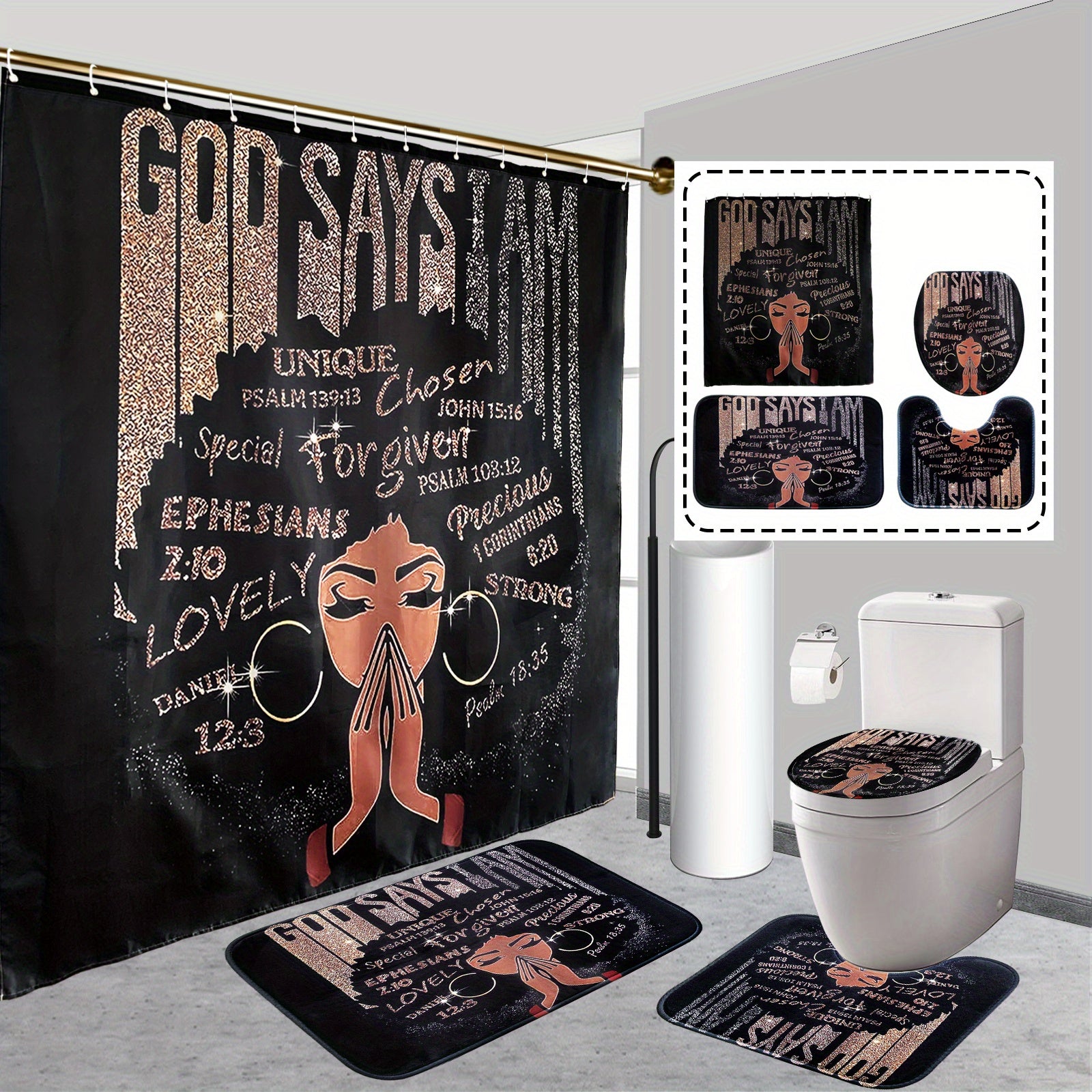 4pcs Sets Rugs Shower Curtain, Black Girl Pattern Shower Curtain With Hooks, Non-Slip Rug, Toilet U-Shape Mat, Toilet Lid Cover Pad