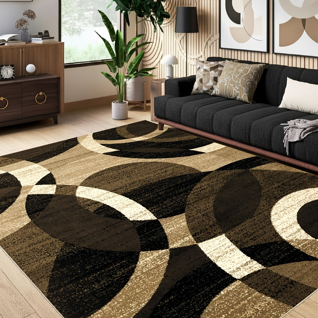 1pc Extra Large Luxury Mat - Black, Golden, Beige Modern Geometric Pattern Large Area Mat - Plush Soft Polyester Fiber Mat for Living Room, Bedroom, Kitchen - Machine Washable & Non-Slip Backing - Elegant Home Decor in Black,