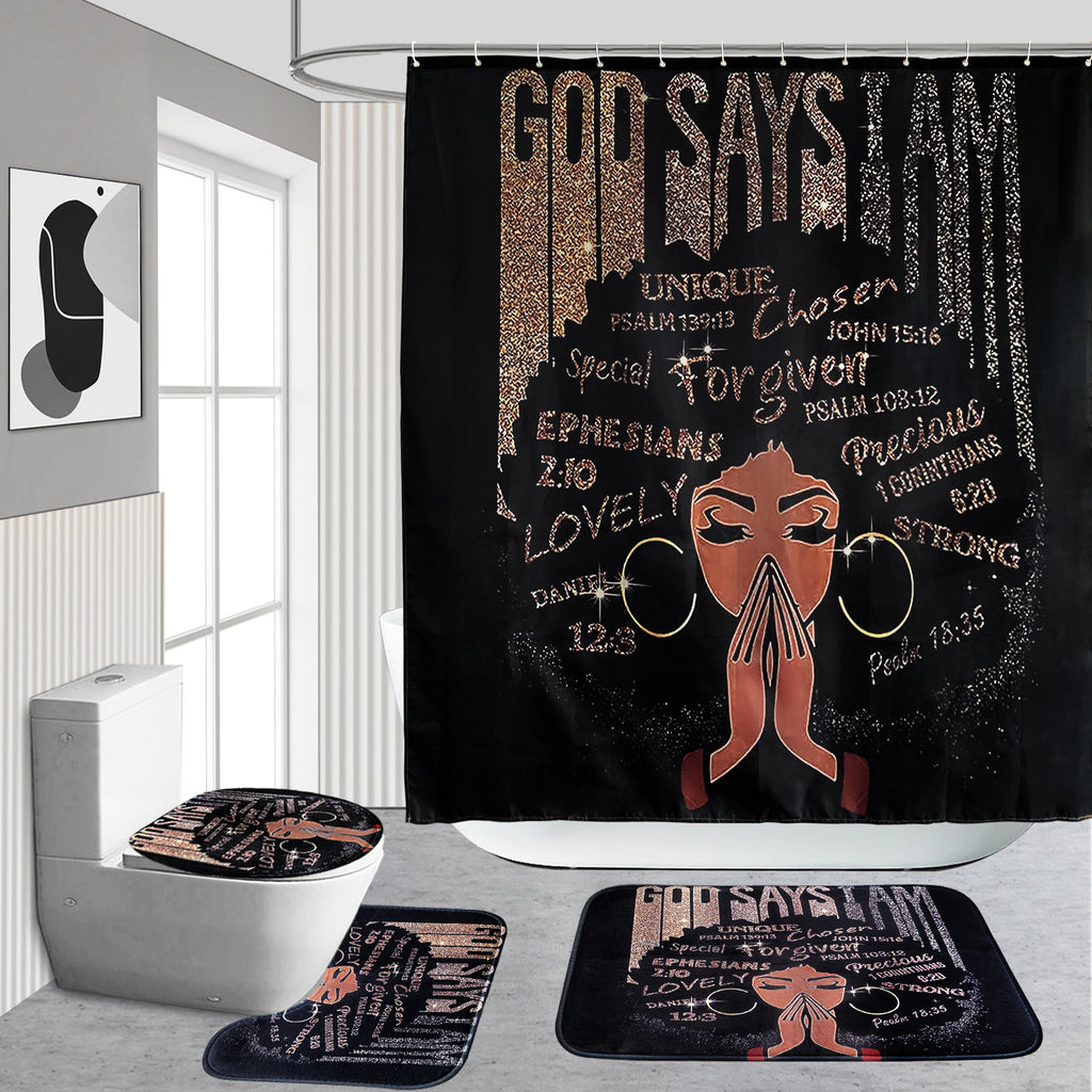 4pcs Sets Rugs Shower Curtain, Black Girl Pattern Shower Curtain With Hooks, Non-Slip Rug, Toilet U-Shape Mat, Toilet Lid Cover Pad