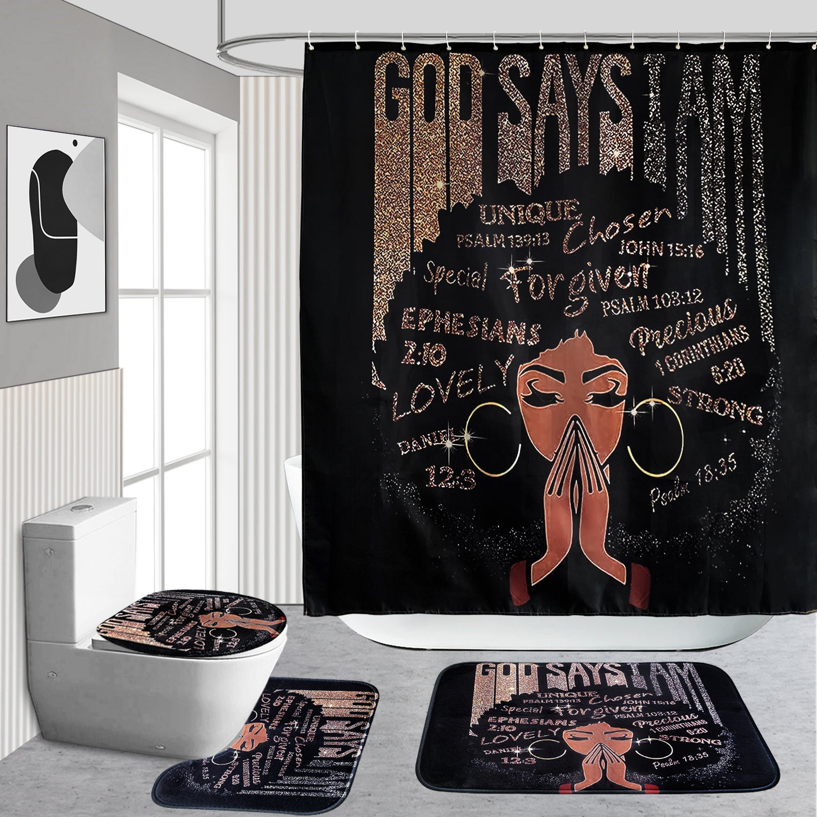 4pcs Sets Rugs Shower Curtain, Black Girl Pattern Shower Curtain With Hooks, Non-Slip Rug, Toilet U-Shape Mat, Toilet Lid Cover Pad