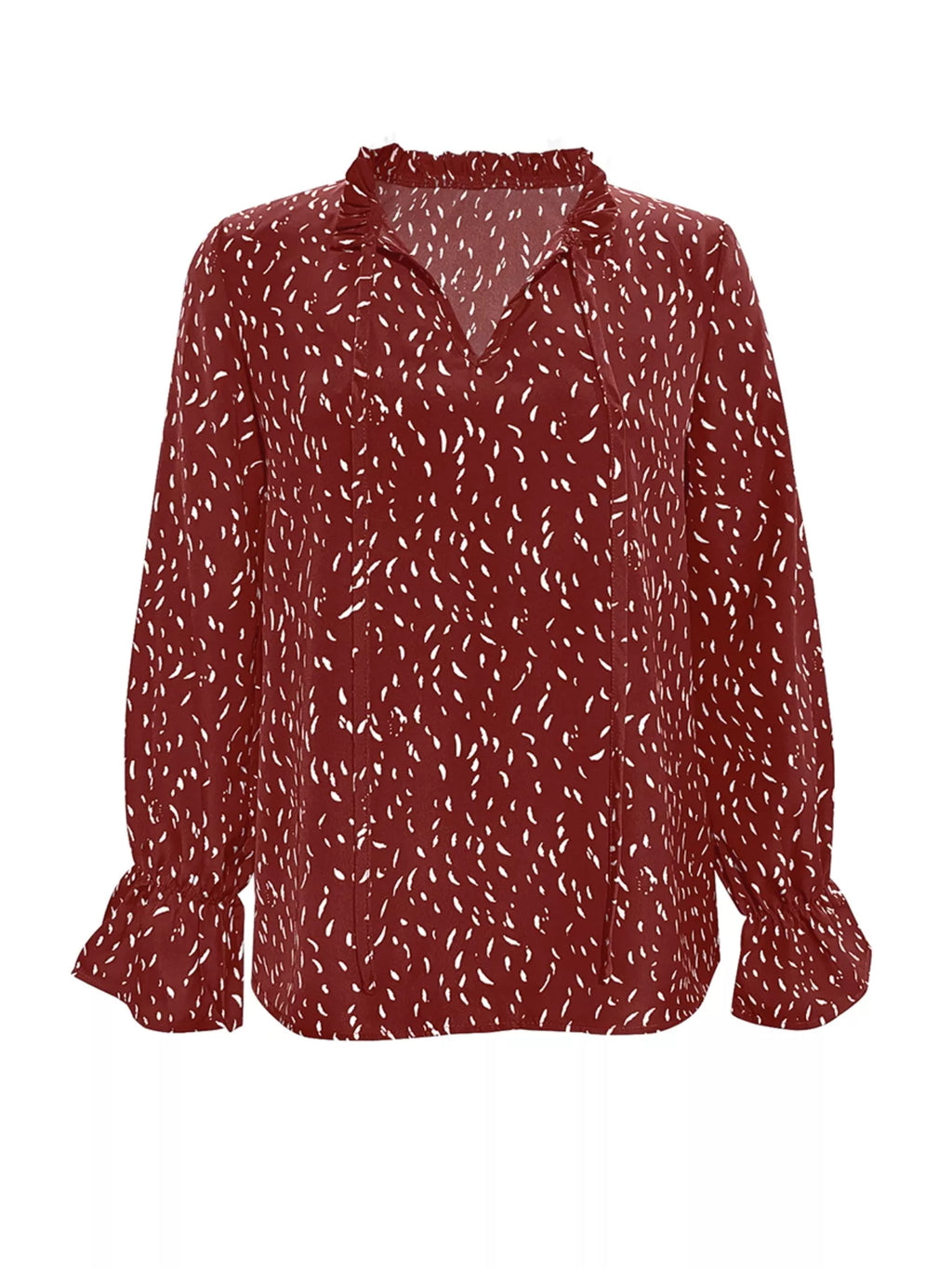 Ruffled Printed Tie Neck Long Sleeve Blouse