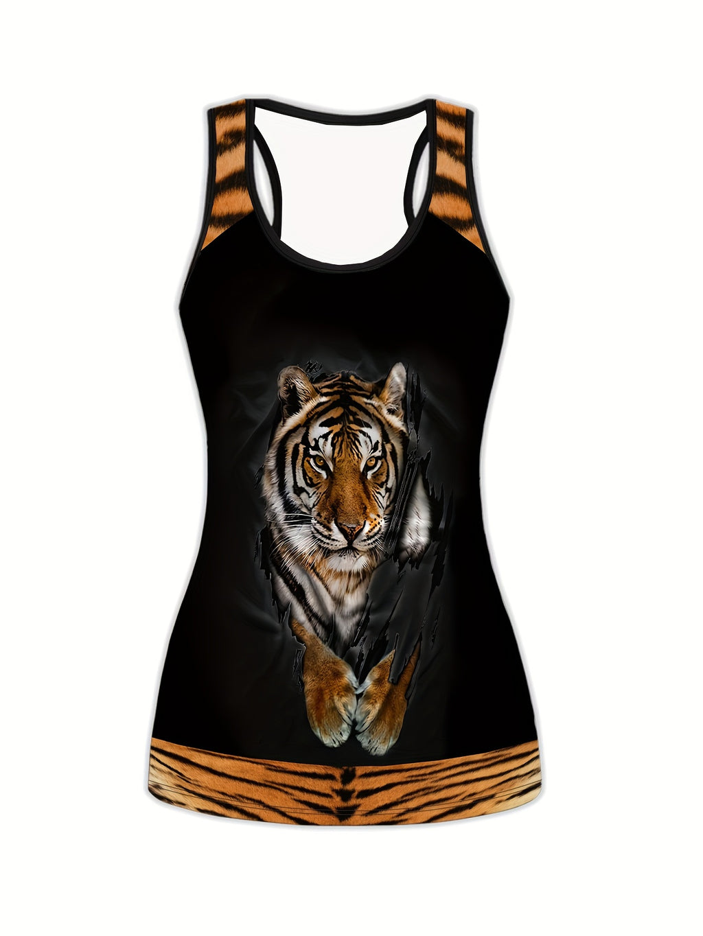 Plus Size Sports Outfits Set, Women's Plus 3D Tiger Print Racer Back Slight Stretch Tank Top & Leggings Yoga Running Outfits Two Piece Set