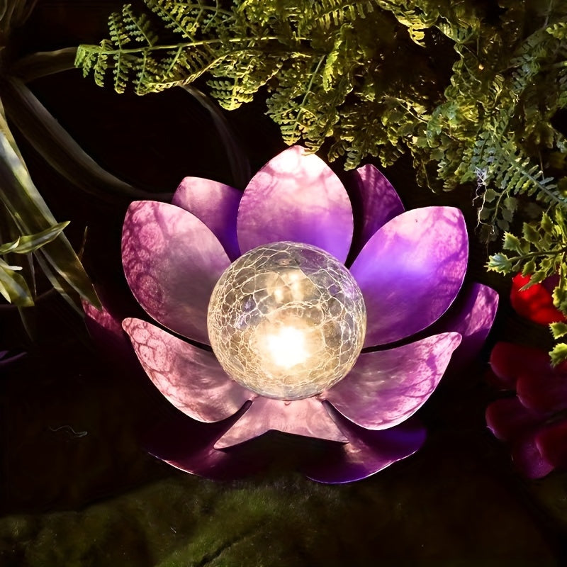 1pc Solar Lotus Flower Table Light with Glass Crack Ball - Waterproof LED Garden Decor Lamp for Ground Yard Patio Walkway Landscape - Perfect Holiday and Gardening Gift for Men and Women