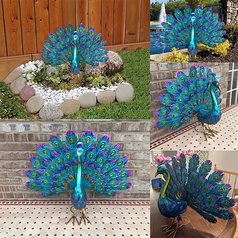 Large Metal Painted Peacock Garden Sculpture - 1pc Figurine for Fountain, Pool, Yard, Lawn, Garden Art - Easter, Halloween, Mother's Day, Thanksgiving, Fall Decor