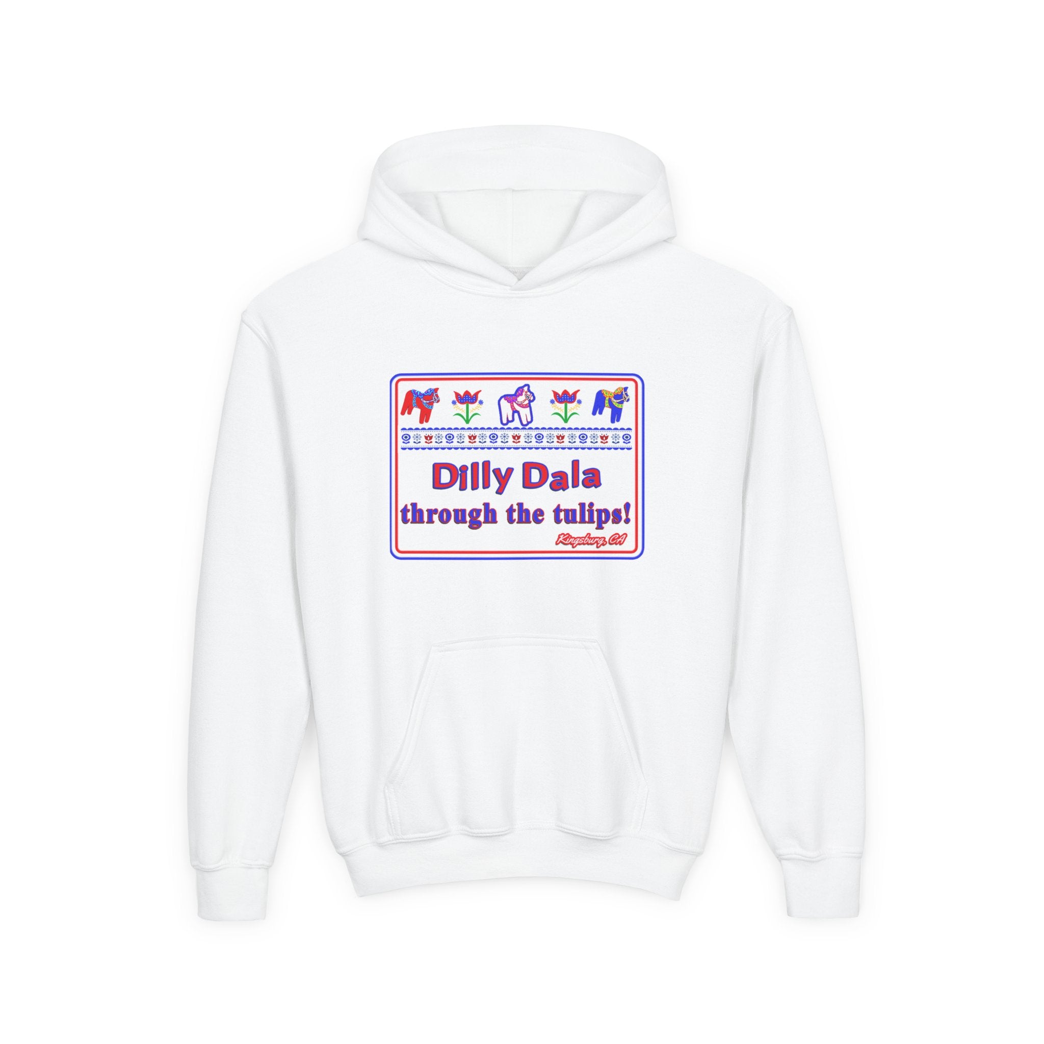 Youth Hoodie - "Dilly Dala Through the Tulips" Cute Tulip & Dala Horse Design