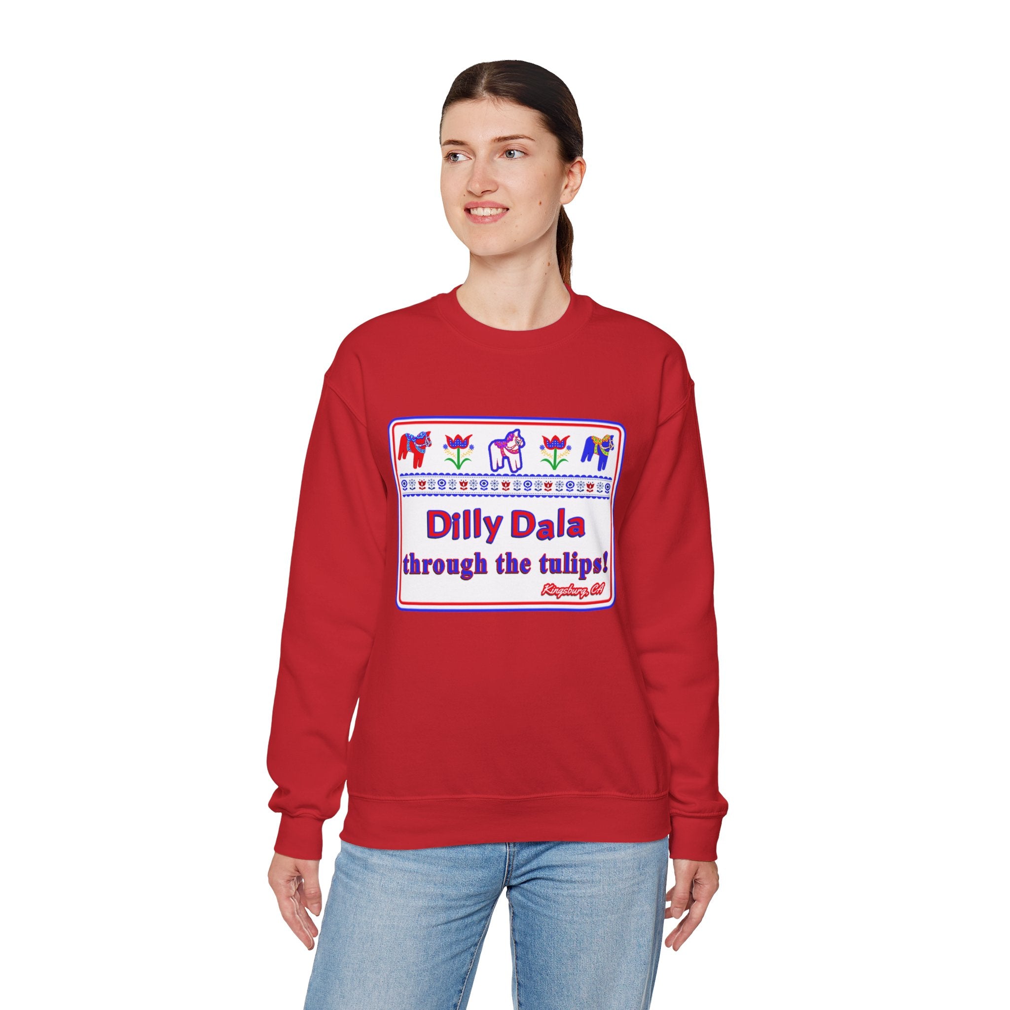 Crewneck Sweatshirt — "Dilly Dala Through the Tulips" Floral Folk Art Design