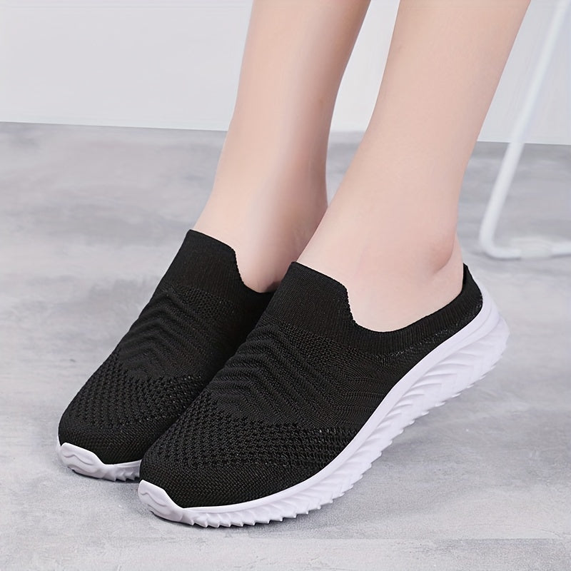 Women's Solid Color Knit Sneakers, Breathable Closed Toe Slip On Slippers, Casual Walking Mules