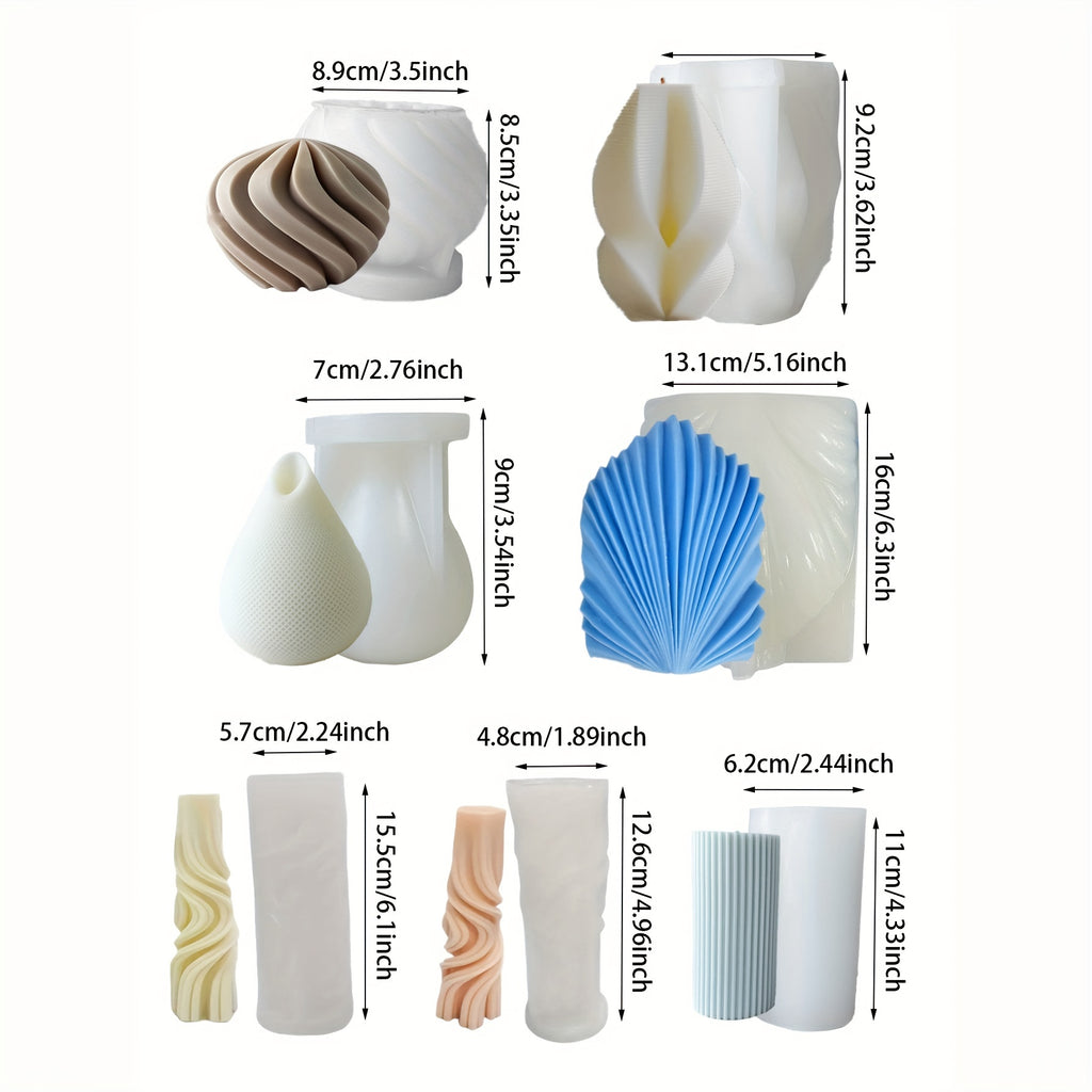 7pcs Striped Cylindrical Shells, Water Droplets, Rotating Balls, Combined With Candles To Create Silicone Molds, Ribbed Twisted Geometric Abstract Striped Silicone Molds For Handicrafts, Aromatherapy Candles, Handmade Candles