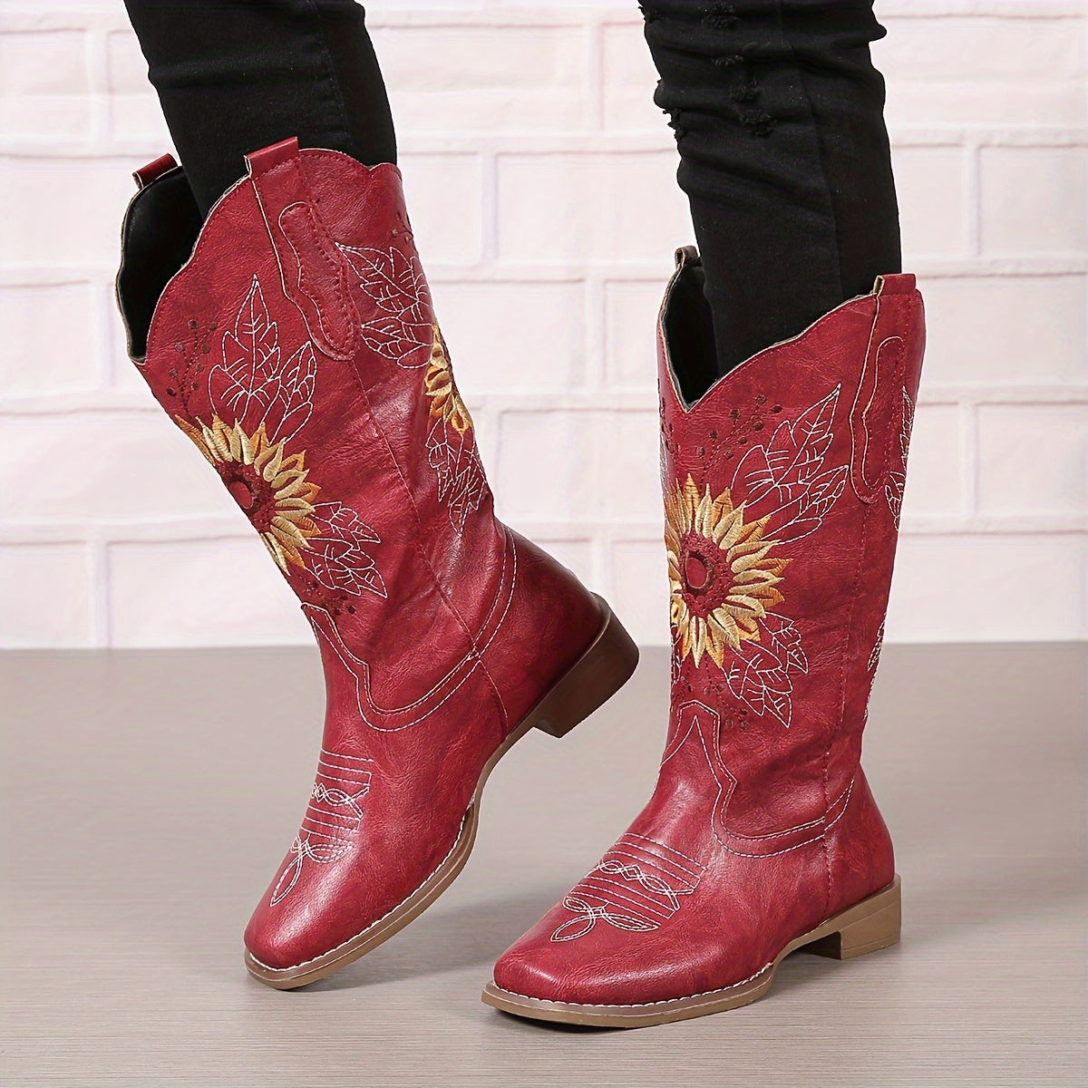 Women's Embroidered Mid Calf Western Boots, Faux Leather Fashion Boots, Women's Footwear