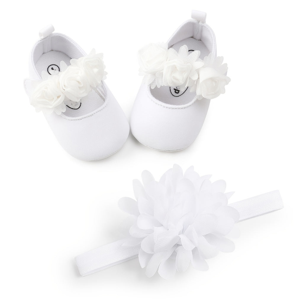 Baby Girls Mary Jane Flat Shoes With Floral Decor & Headband, Princess Wedding Crib Shoes For Infant Newborn First Walkers Prewalkers