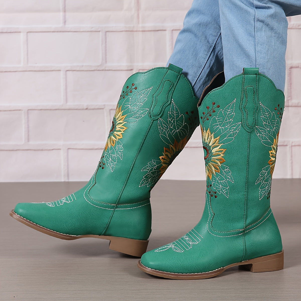 Women's Embroidered Mid Calf Western Boots, Faux Leather Fashion Boots, Women's Footwear