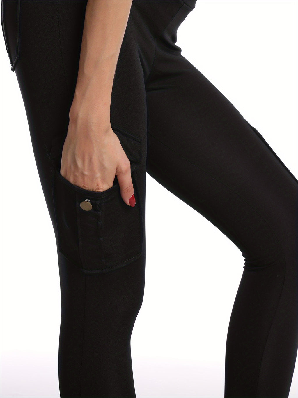 Black Flap Pockets Sports Pants, Moisture Wicking High Waist Breathable Fitness Workout Casual Cargo Pants, Women's Clothing