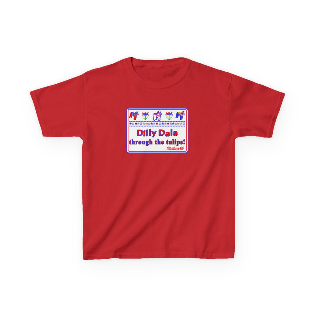 Kids Tee — "Dilly Dalla Through the Tulips" Colorful Tulip Kids Shirt
