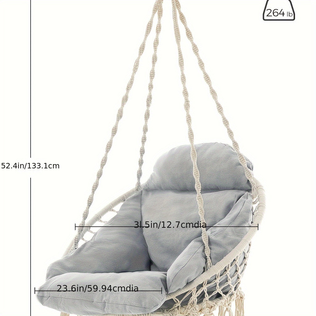 1pc Large & Thick Hanging Chair with Cushion, Boho Swing Chair for Bedroom, Patio, Balcony, Garden (Up to 264 lbs Capacity, Accessories Included)