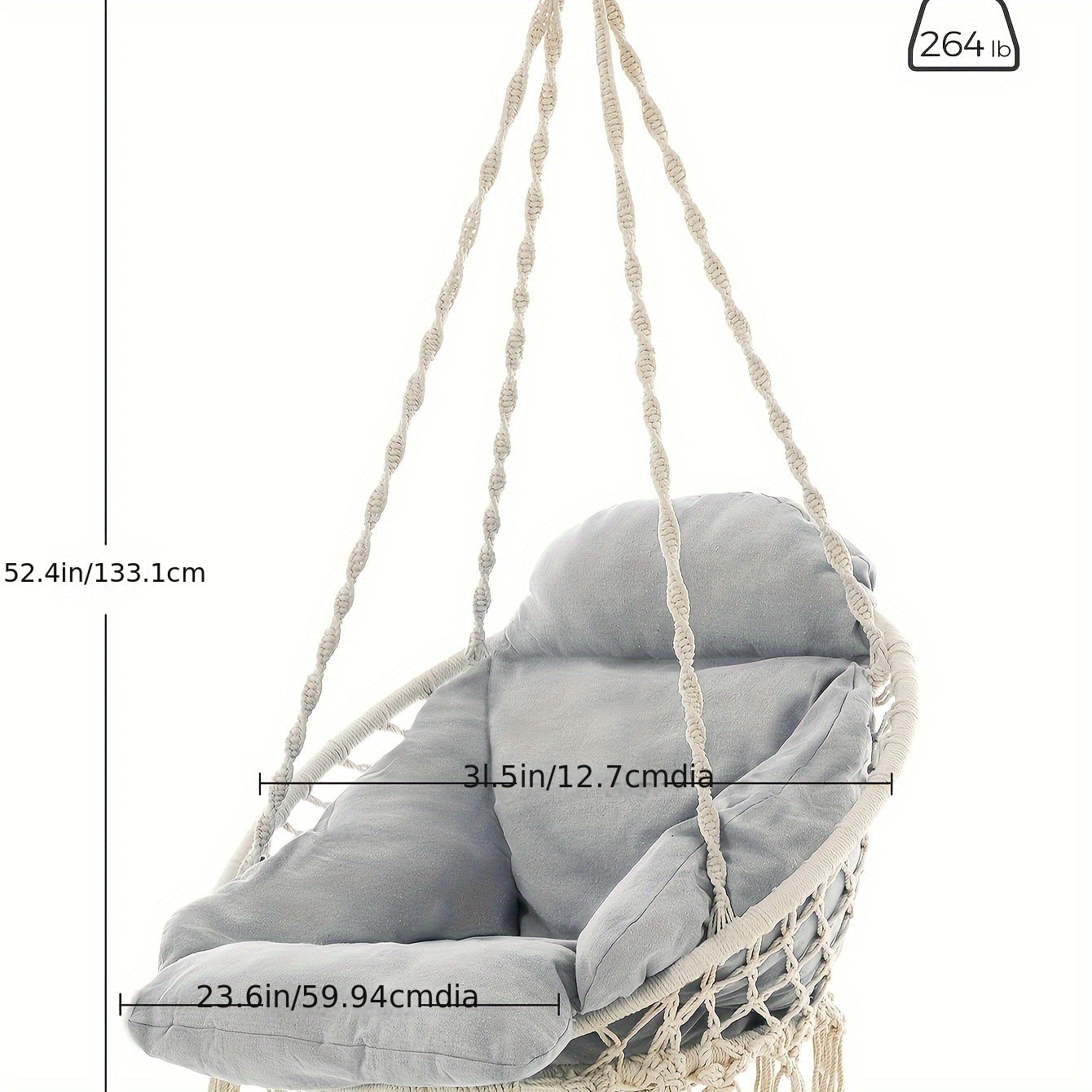 1pc Large & Thick Hanging Chair with Cushion, Boho Swing Chair for Bedroom, Patio, Balcony, Garden (Up to 264 lbs Capacity, Accessories Included)