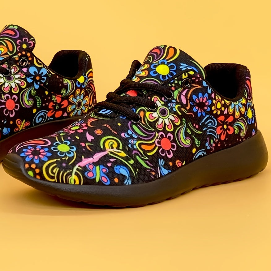 Women's Mexican Flower Pattern Lightweight Sneakers - Lace-Up Running Shoes