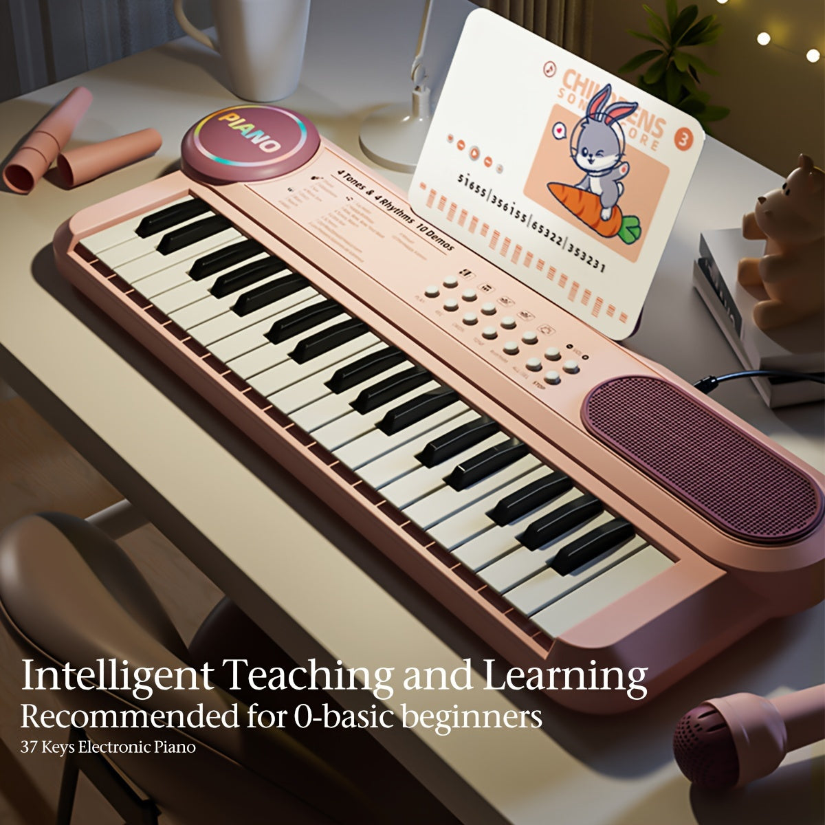 Youngsters Piano Keyboard Toys, 37 Keys Youngsters Piano Music Instruments Toy with Microphone, Pink Blue Piano Multipie Sounds, Stickers, Birthday Gifts for Boys and Girls