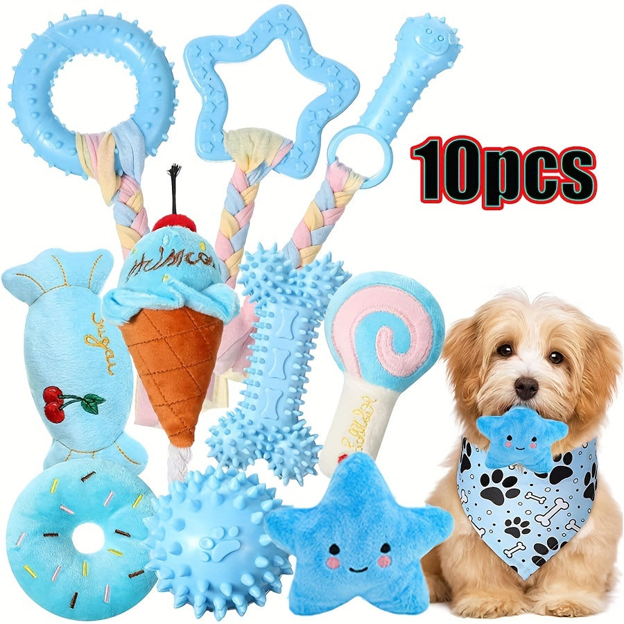 Durable 10pcs Dog Chew Toys Set - Interactive Puppy Teething Toys with Non-Toxic Rubber, Plush and Plastic - Teeth Cleaning, Boredom Busting for Small Breeds