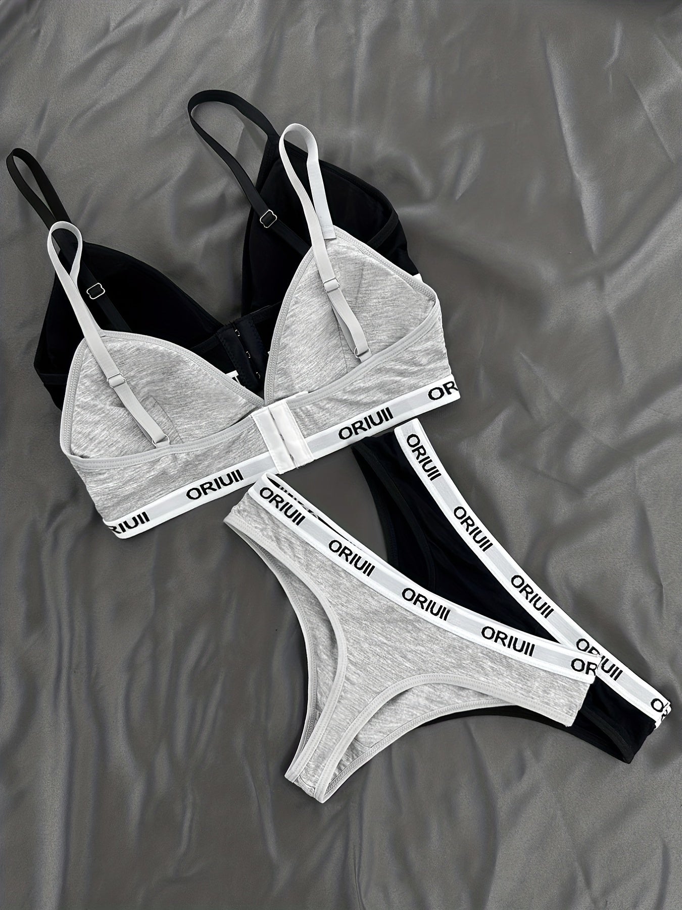 2 Sets Letter Print Bra & Panties, Wireless Sports Bra & Elastic Thong Lingerie Set, Women's Lingerie & Underwear