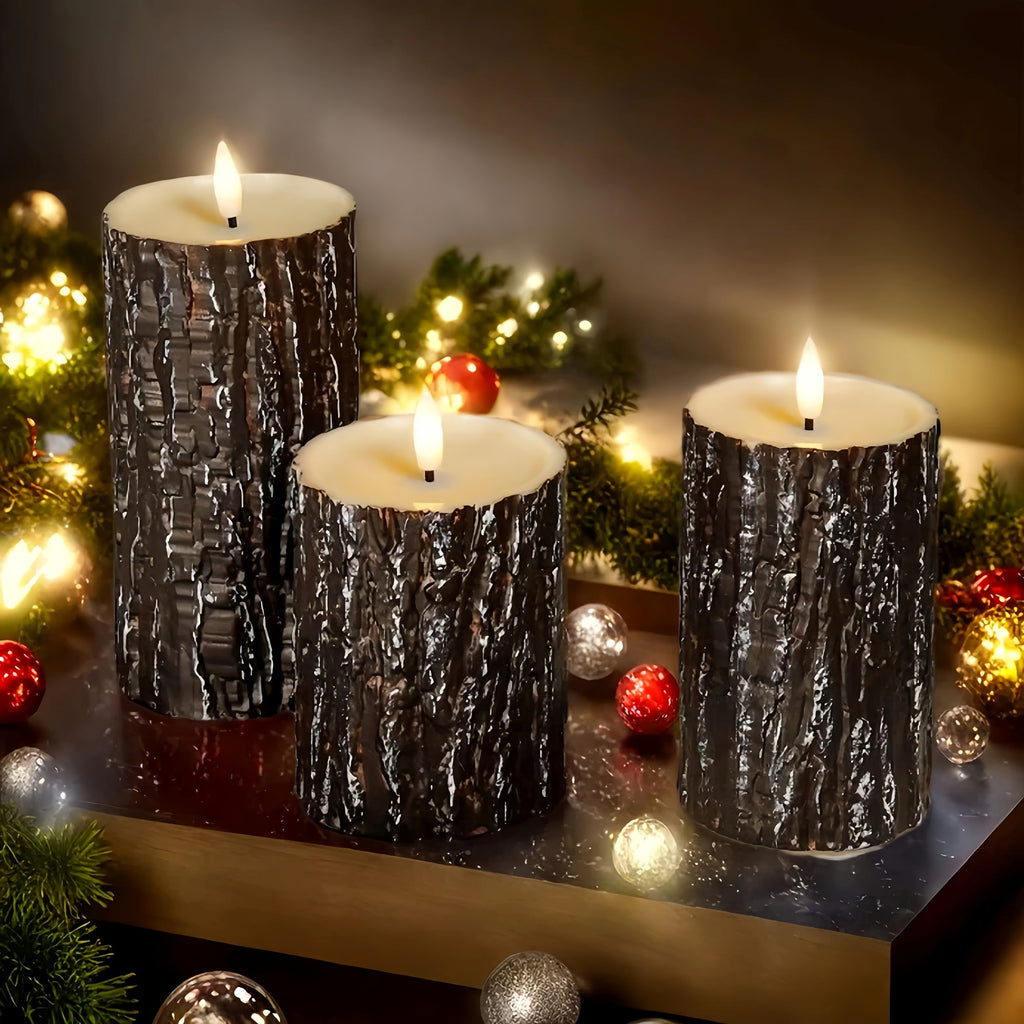 3pcs Rustic Wooden Flameless Candle Set - Artificial Tree Design, Battery Operated, Festive Tabletop Decor for Wedding, Easter, Mother'S Day, Fireplace Mantel, No Battery Included, Seasonal Celebration Decor | Natural Wood Fi