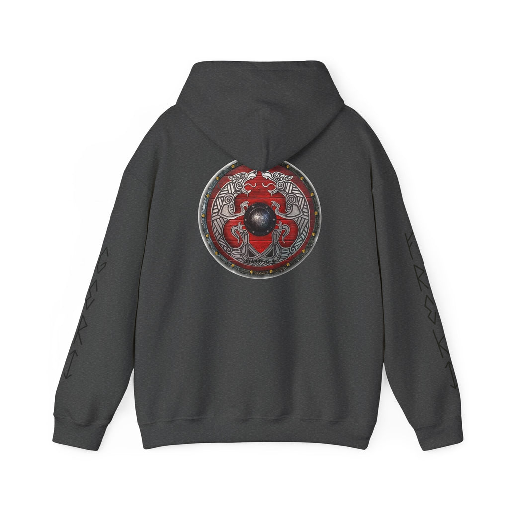 Viking Shield Hoodie — "Let’s Go Avikingri" Norse Rune Sleeve Pullover