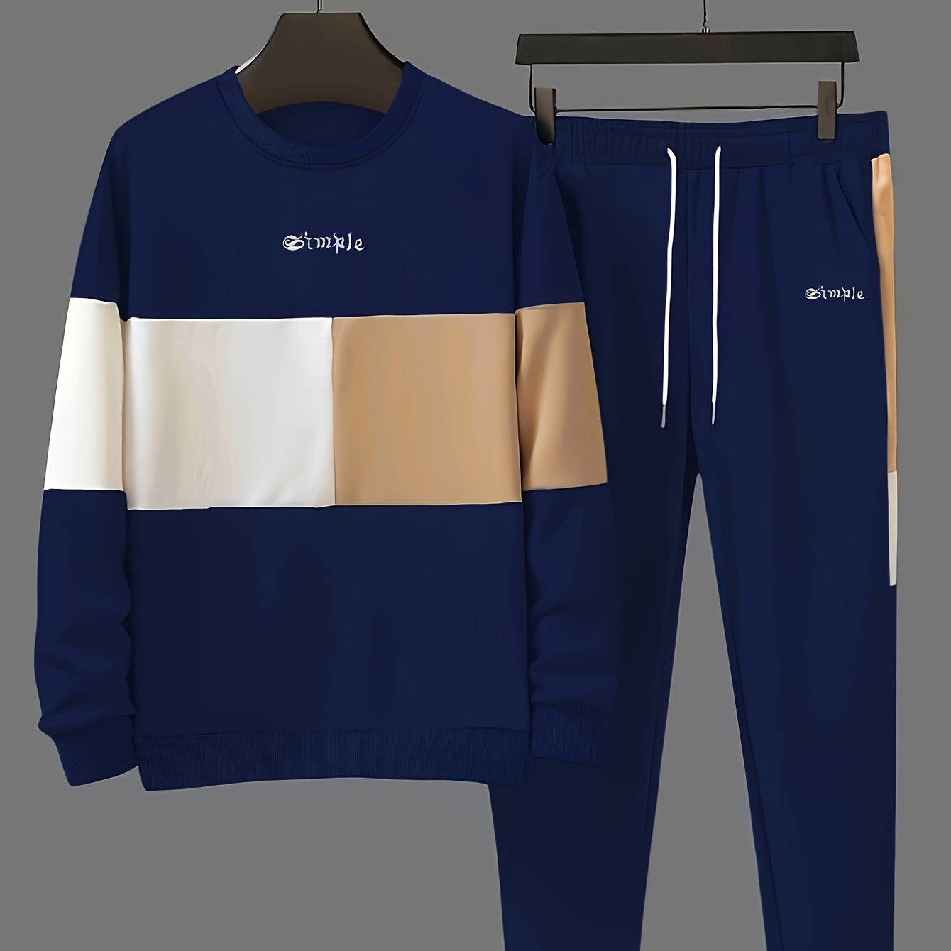 Plus Size Men's "Simple" Print Sweatshirt & Sweatpants Set For Autumn/spring, Contrast Color Thin 2Pcs Outfits For Sports/outdoor, Men's Clothing