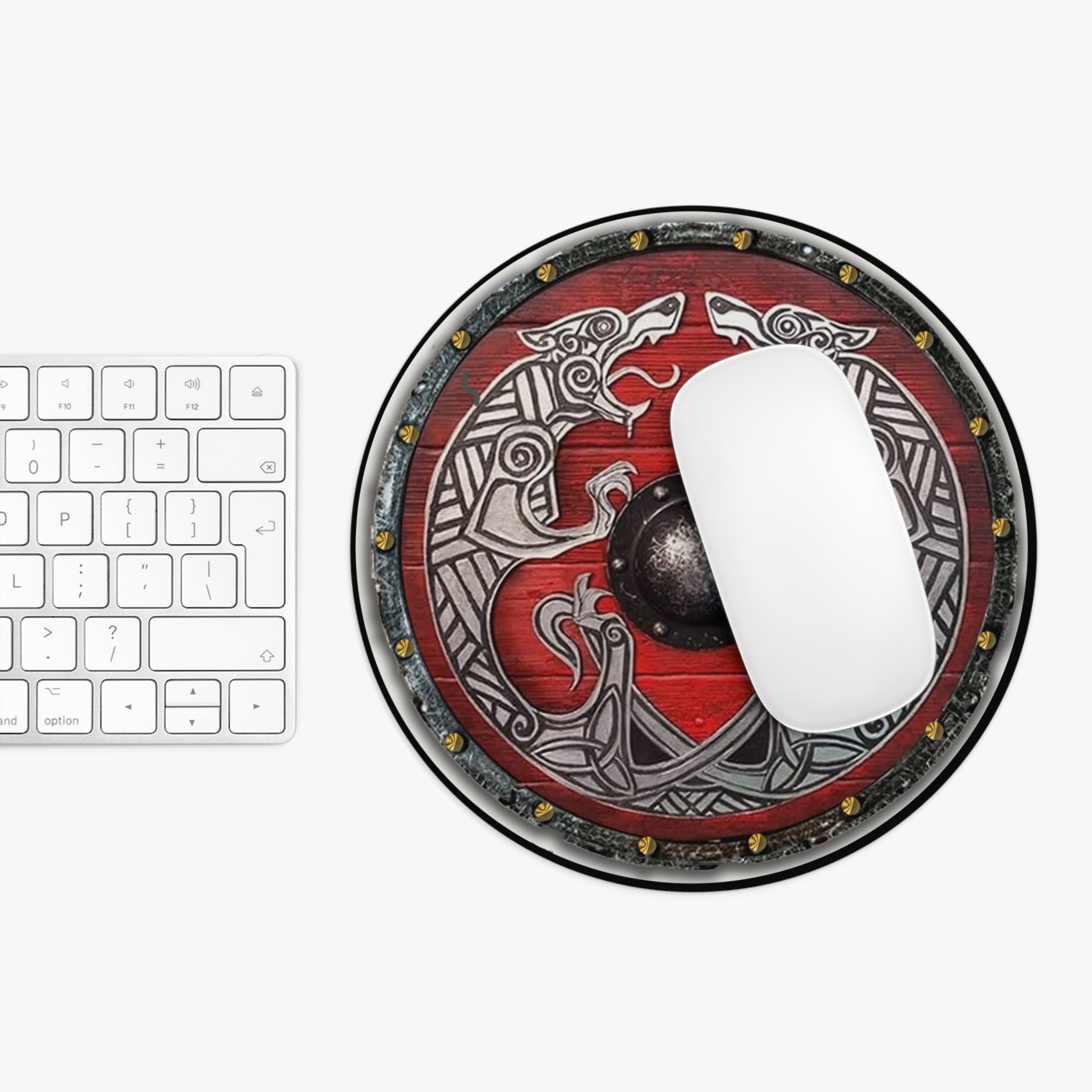 Red Viking Shield Mouse Pad — Norse Wolf Knotwork Gaming Desk Mat