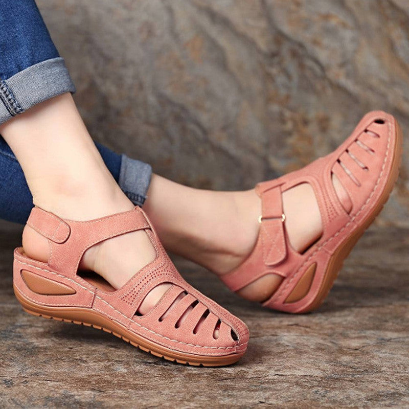Women's Platform Sandals, Closed Toe Round Toe Solid Color Ankle Strap Sandals, Women's Hook And Loop Shoes