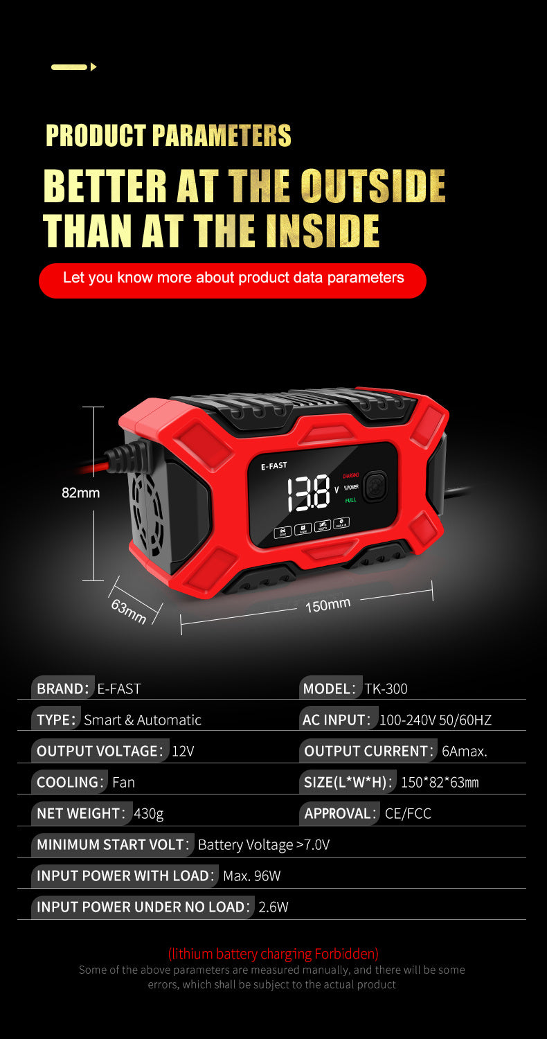 [Besper Smart Battery Charger] Besper 12V 6A Smart Battery Charger - Automatic Pulse Repair - AGM/Gel/Lead Acid Compatible for Cars, Trucks, Motorcycles & Lawn Mowers