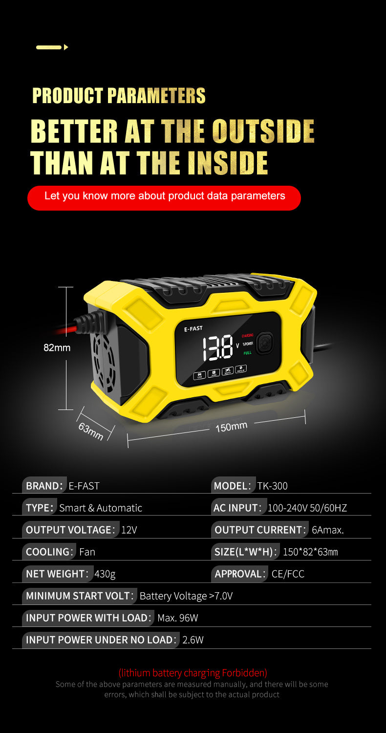[Besper Smart Battery Charger] Besper 12V 6A Smart Battery Charger - Automatic Pulse Repair - AGM/Gel/Lead Acid Compatible for Cars, Trucks, Motorcycles & Lawn Mowers
