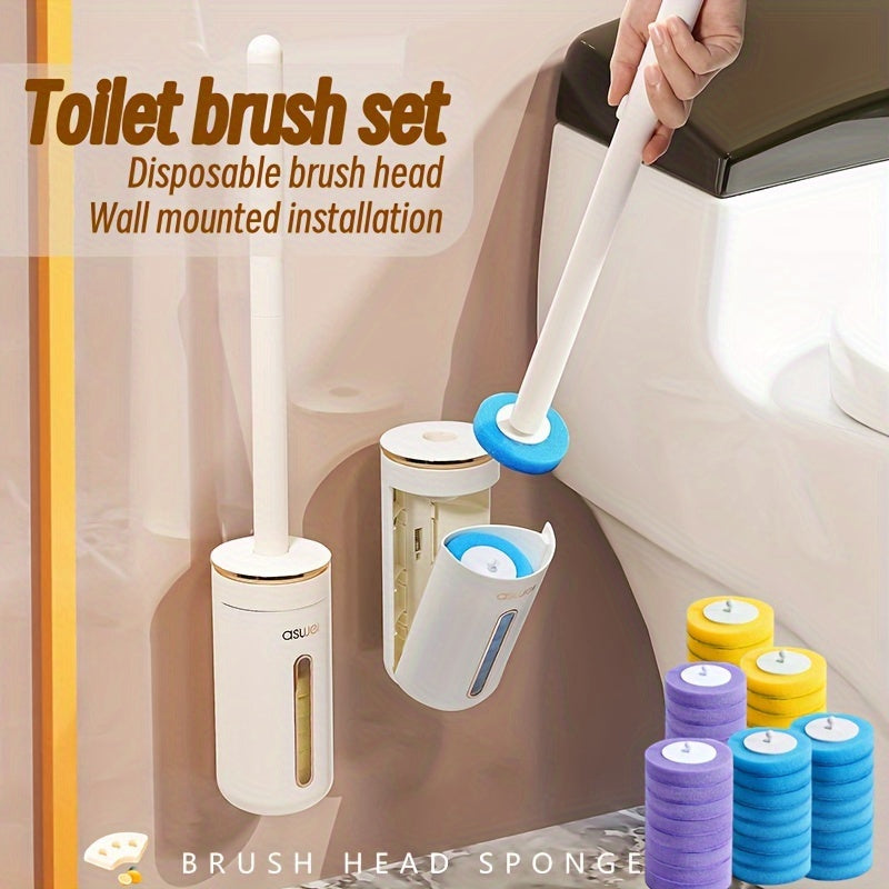 1 Set With 24 Brush Heads, Or Separately Equipped With 32 Brush Heads And 4 Aromatherapy Sticks, Disposable Sponge Brush Heads With Cleaning Solution, Plastic Toilet Brush, Toilet Brush Holder Set, Automatic Opening And Closi