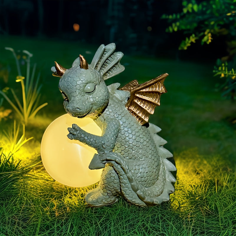 XXOASIS Solar-Powered Dinosaur Holding Light Statue - Whimsical Resin Garden Ornament with Illuminated Feature, Rechargeable via Outdoor Lawn Decoration, Dinosaur Room Decor