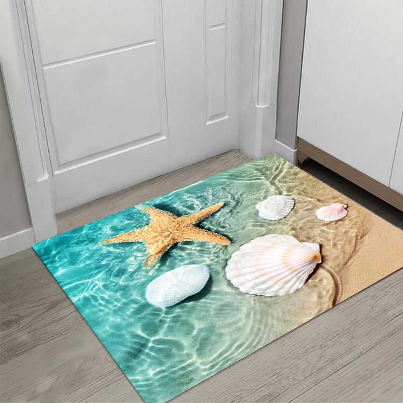1pc Non Slip Bath Rugs Sponge Foam Rug, Durable Flannel Mat Bright 3D Print Rug, Seashell Print Mats For Laundry Room And Kitchen, Beach Starfish Scallop Decor Carpet