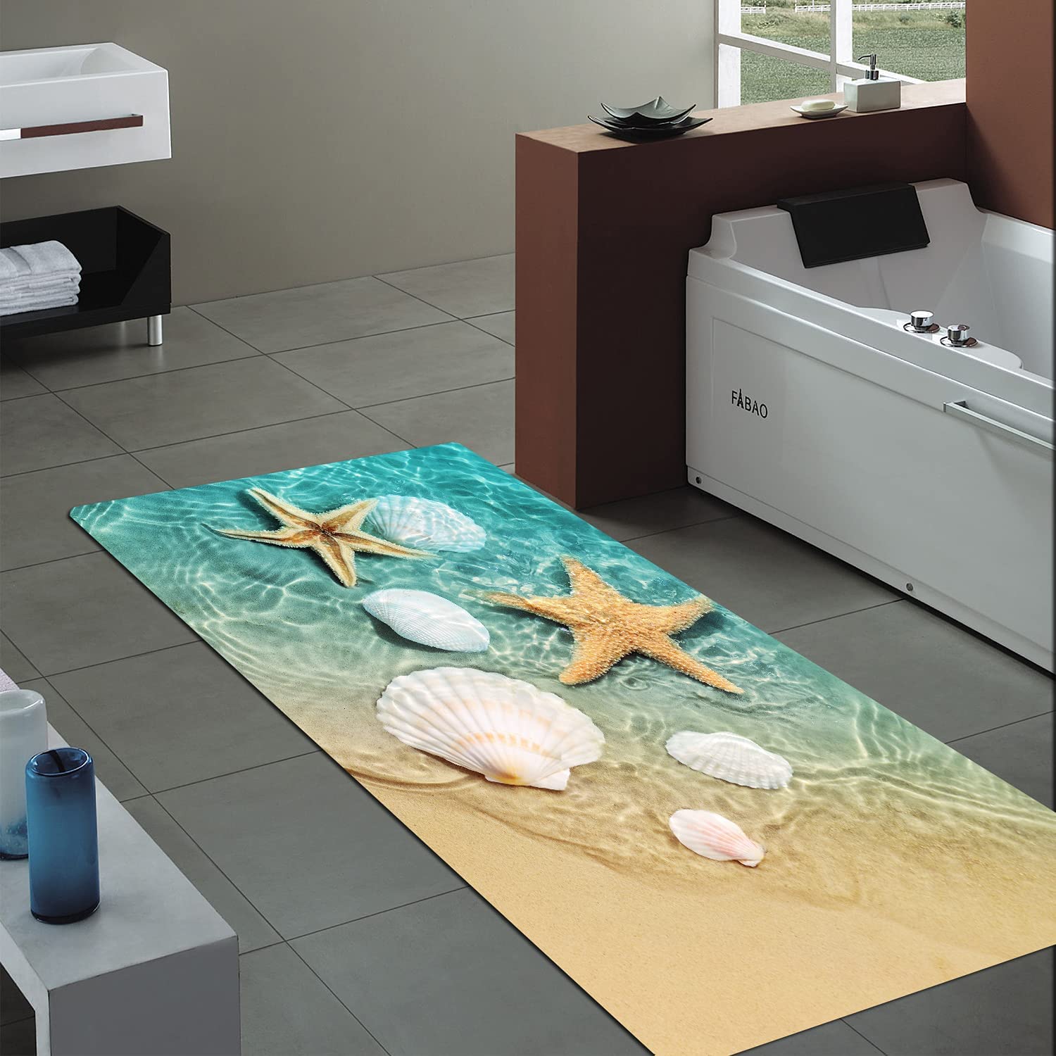 1pc Non Slip Bath Rugs Sponge Foam Rug, Durable Flannel Mat Bright 3D Print Rug, Seashell Print Mats For Laundry Room And Kitchen, Beach Starfish Scallop Decor Carpet