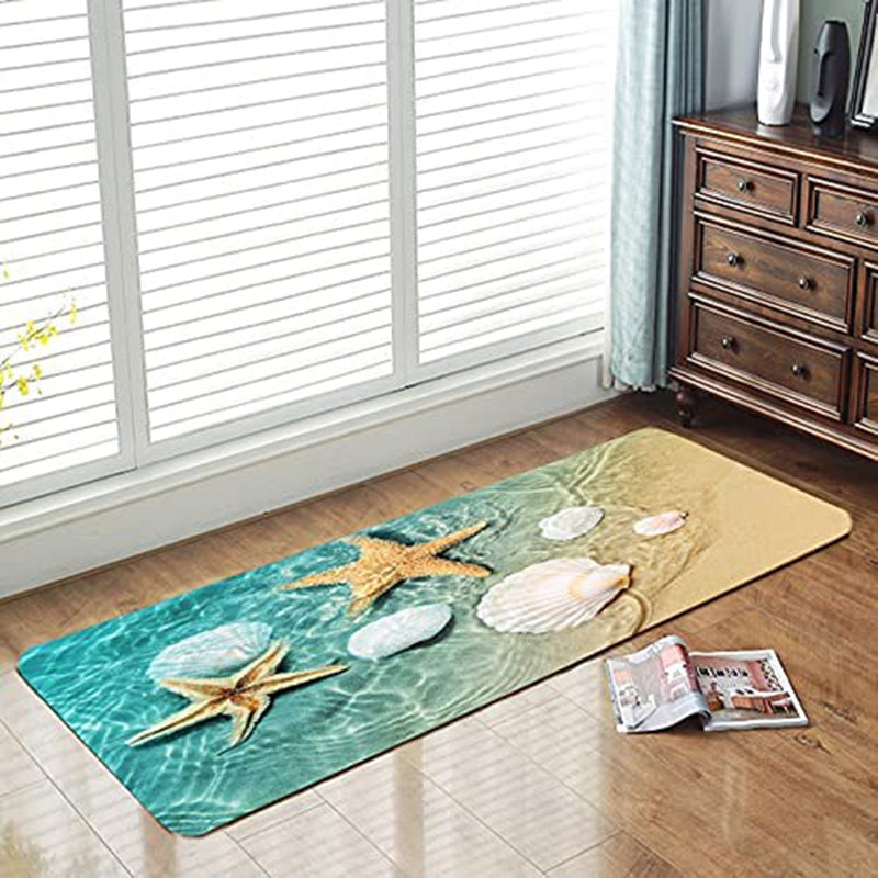 1pc Non Slip Bath Rugs Sponge Foam Rug, Durable Flannel Mat Bright 3D Print Rug, Seashell Print Mats For Laundry Room And Kitchen, Beach Starfish Scallop Decor Carpet