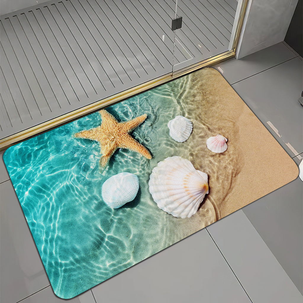 1pc Non Slip Bath Rugs Sponge Foam Rug, Durable Flannel Mat Bright 3D Print Rug, Seashell Print Mats For Laundry Room And Kitchen, Beach Starfish Scallop Decor Carpet
