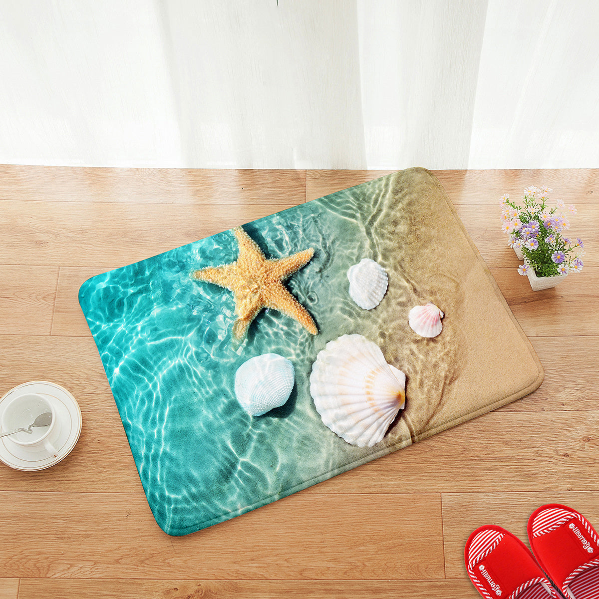 1pc Non Slip Bath Rugs Sponge Foam Rug, Durable Flannel Mat Bright 3D Print Rug, Seashell Print Mats For Laundry Room And Kitchen, Beach Starfish Scallop Decor Carpet