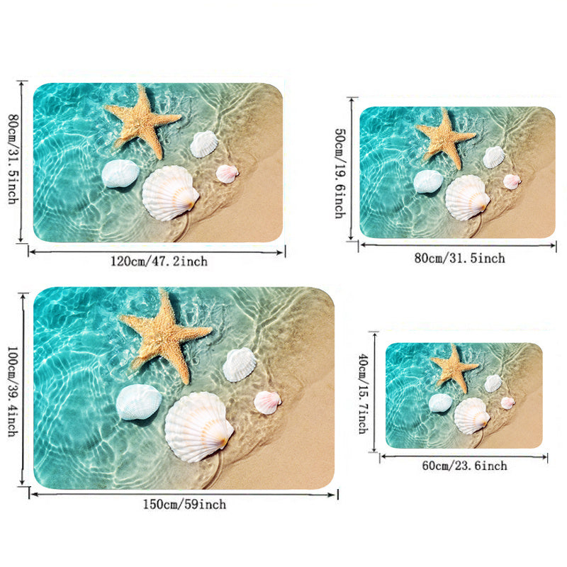 1pc Non Slip Bath Rugs Sponge Foam Rug, Durable Flannel Mat Bright 3D Print Rug, Seashell Print Mats For Laundry Room And Kitchen, Beach Starfish Scallop Decor Carpet