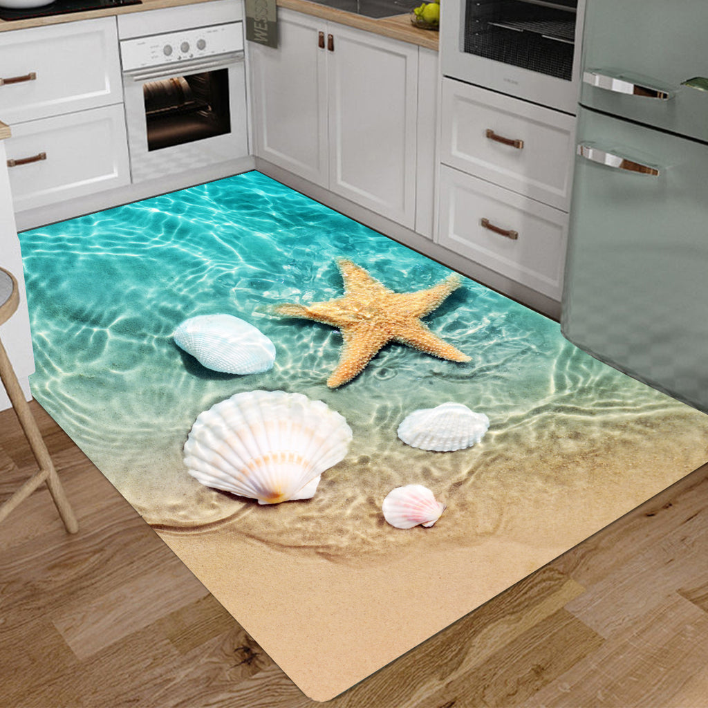 1pc Non Slip Bath Rugs Sponge Foam Rug, Durable Flannel Mat Bright 3D Print Rug, Seashell Print Mats For Laundry Room And Kitchen, Beach Starfish Scallop Decor Carpet
