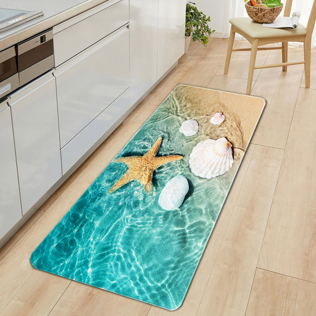 1pc Non Slip Bath Rugs Sponge Foam Rug, Durable Flannel Mat Bright 3D Print Rug, Seashell Print Mats For Laundry Room And Kitchen, Beach Starfish Scallop Decor Carpet