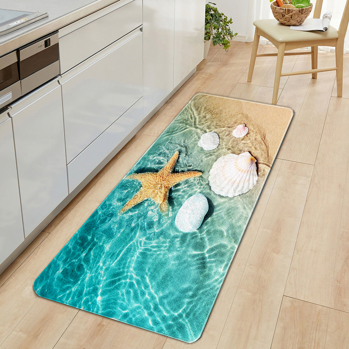 1pc Non Slip Bath Rugs Sponge Foam Rug, Durable Flannel Mat Bright 3D Print Rug, Seashell Print Mats For Laundry Room And Kitchen, Beach Starfish Scallop Decor Carpet
